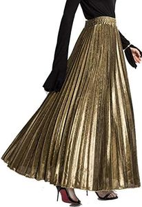 Flygo Women's Metallic Shiny Shimmer Accordion Pleated Swing Long Maxi Party Skirt (Medium, Gold)