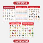 Early Learning Educational Chart Set For Kids I Non Tearable and Waterproof I Double Sided Laminated I 45x60 Cm I Chart for Homeschooling, Kindergarten and Nursery Children I Set of 5 I Alphabet, Numbers, Animal, Fruits, Vegetables charts