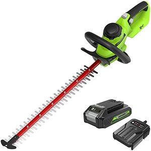 Greenworks Cordless Brushless Hedge Trimmer 24V GD24HT61K2, 61cm Dual Action Blade, Cuts up to 25.4mm Thick Branches and Stems 3200 spm with 2Ah Battery & Charger, 3 Year Guarantee