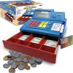 Dr. STEM Toys Pretend & Play Calculator Cash Register with Play Money – Solar Powered, 67-Piece Set for Learning Math Skills, STEM Cash Register for Kids (Blue)