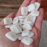 Crocon White Agate Rectangle Shape Gemstone Runes with Elder Futhark Alphabet Engraved 25 pcs Rune Set Crystal Divination Metaphysical Healing Chakra Reiki Runes Set with a Pouch Size: 20-25mm