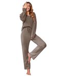 Ekouaer Women's Waffle Knit Pajama Sets Comfy Long Sleeve Lounge Sets 2 Piece Matching Pj Sets with Pockets Brown Medium