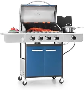 Captiva Designs 4-Burner Propane Gas BBQ Grill with Side Burner & Porcelain-Enameled Cast Iron Grates, 42,000 BTU Output Barbeque Grill for Outdoor Cooking Kitchen and Patio Backyard Barbecue, Blue