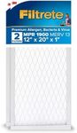 Filtrete 12x20x1 AC Furnace Air Filter, MERV 13, MPR 1900, Premium Allergen, Bacteria & Virus Filter, 3-Month Pleated 1-Inch Electrostatic Air Cleaning Filter, 2-Pack (Actual Size 11.81x19.81x0.78 in)