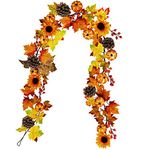 Winlyn Fake Fall Maple Leaf Garland Hanging Vine- 6 Feet - Artificial Berries Sunflower Pumpkin Autumn Decoration for Wedding Party Thanksgiving Dinner Fireplace Door Frame Doorway Backdrop Decor