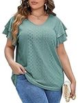 IN'VOLAND Womens Plus Size T Shirt V Neck Loose Fit Ruffle Sleeve Summer Hollow Casual Tops Blouse