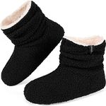 LongBay Women’s Warm Curly Fur Bootie Slippers Comfy Plush Fleece Boots Memory Foam House Shoes, Black, 8-9