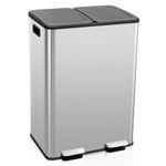 COSTWAY 60L Double Rubbish Bin, 2x30L Stainless Steel Recycle Pedal Kitchen Bin with Removable Buckets, Deodorizer Box, Soft Closure Flat Lid & 2 Handles, Airtight Waste Separation System (Silver)