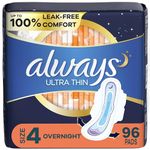 Always Ultra Thin Overnight Pads with Wings, Size 4, Overnight, 96 CT