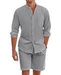 COOFANDY Men Linen Sets Outfits 2 Piece Long Sleeve Button Down Beach Shirt Casual Loose Short Sets