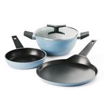 Tramontina Aura 4-Pc Cookware Set : 24cm Kadhai + Lid, 24cm Frypan, 28cm Dosa Tawa | Reinforced Ceramic Non-Stick | Quick & Even Heat | Low-Oil Cooking | Gas & Induction | Blueberry