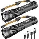 WholeFire Rechargeable USB LED Torch Super Bright 90000 Lumens, XHP70 Zoom Waterproof Powerful Flashlight 5 Modes for Outdoor Emergency Lighting with Power Indicator, Battery Include, 2 Pack