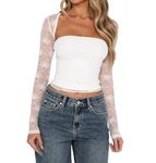 Women Lace Y2K Sheer Shirt Long Sleeve Sexy Low Cut Cropped Tight Tube Top Floral Lace Fitted Bolero Shrug Set(Great White 4,M)