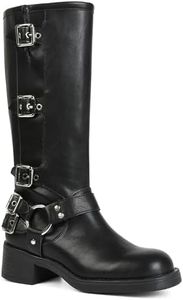 AMINUGAL Black Knee High Boots Women Square Toe Pull On Boots Wide Calf Riding Boots Fashion Buckles Chunky Boots Metallic Casual Vintage Buckle Rivet Boots Size 8