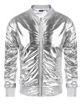 COOFANDY Men's Metallic Jacket 70s Disco Christmas Party Varsity Jacket Zip-up Baseball Bomber, 02-silver, 4XL