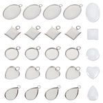 UNICRAFTALE 60pcs 5 Styles 30set Cabochon Pendant Settings Stainless Steel Blank Bezel Pendant Trays Oval Teardrop Heart Flat Round Square Base Cabochon Charm with Glass Cabochons for Jewelry Making