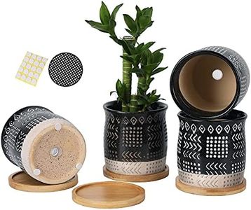 TAMAYKIM 4 Inch Ceramic Boho Plant Pots with Drainage Hole and Bamboo Saucers, Black Retro Totem Design Small Flower Planters for Indoor Plants, Succulent, Aloe, Cactus and Herbs, Set of 4
