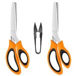 KUONIIY Pinking Shears (2 Pcs, Serrated & Scalloped Edges) with a Thread Snips, Zig Zag Scissors with Comfortable Handle, for Cutting Fabric, Orangeblack