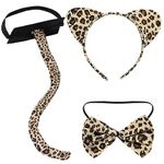 obmwang 3 Pieces Leopard Cat Costume Set Cat Ears Headband Bowtie and Tail Set for Kids Adults Halloween Dress Up Party