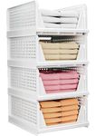 HomeVogue 4 Pcs Almirah Organizer for Clothes Storage - Stack it Up | Plastic Foldable Cupboard | Large Stackable Cloth Organizer for Wardrobe | Closet Organiser for Wardrobe (White)