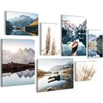 Novart Canvas Wall Art - 7 piece Rustic Nature Panoramic Mountain Lake Collage Picture, Blue Wall Decor for Living Room, Bedroom, Home Office, Hallway and Stairs