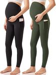 Enerful Maternity Leggings Over The Belly Activewear Pregnancy Stretch Workout Yoga Pants Tights with Pockets 2PCS Black Green Small