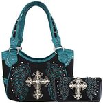 Western Style Cross Laser Cut Wings Purse Concealed Carry Handbags Women Country Shoulder Bag Wallet Set (Black/Turq Set)