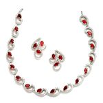 ZENEME Rhodium-Plated with Silver-Toned Red and White Cubic Zirconia & American Diamond studded Necklace and Drop Earrings Jewellery Set (Red) For Women