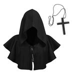 JIAHG Halloween Black Hooded Cloak with Cross Necklace, Medieval Pagan Death Grim Cowl Hood Hat Costume Cape Gothic Priest Monk Cloak Poncho Fancy Dress Unisex Adult Cosplay Accessory