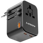 Ambrane Universal Travel Adapter Charger with 65W Laptop/MacBook Charging & Mobile Charging, Works Worldwide (EU,UK,USA,AUS,Others) AC Sockets, USB & Type C, International Adapter (ATA-02, Black)