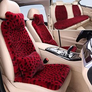 seemehappy Fluffy Leopard Faux Rabbit Fur Seat Covers for Cars - Universal Fit, Full Set -Red Leopard, Front