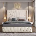 Aykah King Size Velvet Upholstered Tufted Bed, Low Profile Platform, Metal Bed Frame with High Headboard, Wood Slat Support, Modern Design, Mattress Size, Bedroom Furniture, Easy to Assemble (Beige)