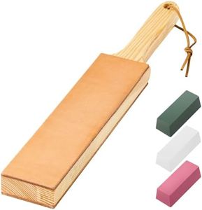 ANGERSTONE Double Side Leather Strop for Knife Sharpening - 14''x 2'' Stropping Block Kit with Polishing Compound, Ergonomic Handle Honing Knives, Woodworking Chisels White,Green