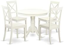 East West Furniture ANBO5-LWH-W Antique 5 Piece Dinette Set for 4 Includes a Round Kitchen Table with Pedestal and 4 Dining Chairs, 36x36 Inch, Linen White