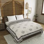 BLOCKS OF INDIA Hand Block Printed Cotton King Size Quilt/Rajai (90 Inch X 108 Inch, Grey Tree), Skin Friendly