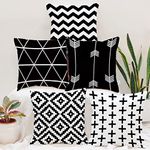 STITCHNEST Geometric Black and White Printed Poly Cotton Square Cushion Cover, 16x16 Inches, Set of 5