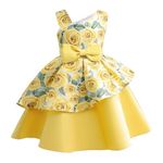 Prom Dress Girls Elegant Satin Rose Print Dresses Princess Birthday Party Festival Ball Gown Yellow 2-3 Years
