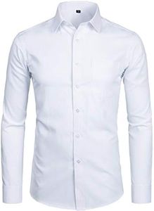 ZEROYAA Men's Long Sleeve Dress Shirt Solid Slim Fit Casual Business Formal Button Up Shirts with Pocket, White, Large