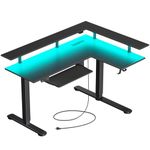 Rolanstar Standing Desk, Dual Motor L Shaped Height Adjustable Desk with LED Lights and Charging Station, 61 x 46 inch Electric Sit Stand Desk, Black Corner Home Office Desk with Monitor Shelf