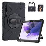 SUPFIVES Case for Samsung Galaxy Tab S7 FE/ S8 Plus 12.4 Inch: [Upgraded Military Grade] Full-Body Rugged Protective Soft Silicone Cover - Kick Stand- Handle/Shoulder Strap- S Pen Holder- Black