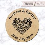 35 x Personalised Wedding Shabby Brown Kraft Effect Favour Round Stickers (35mm) Hearts (Design 1 - Black)