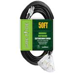 GREATIDE 50 Ft Lighted Outdoor Extension Cord with 3 Electrical Power Outlets - 12/3 SJTW Heavy Duty Black Extension Cable with 3 Prong Grounded Plug for Safety, UL Listed