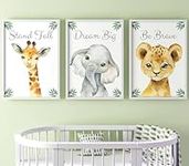 Safari Animals Baby Girl or Boy Nursery Bedroom Set of 3 Unframed Jungle Leaves Quote Prints, Nursery Decor Wall Art Gift Present, Giraffe Elephant Lion, Stand Tall Dream Big Be Brave (A4)