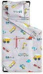 Wake In Cloud - Cot Nap Mat with Pillow and Blanket, 100% Cotton Fabric, for Toddler Kids Boys Girls in Daycare Kindergarten Preschool with Elastic Corner Straps, Cars Cranes Trucks on Gray