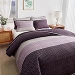 FlySheep Boho Striped Quilt Set Full Queen Size, 3 Pcs Purple and Grey Reversible Bedspread, Brushed Microfiber Coverlet for All Season, 1 Quilt + 2 Pillow Shams