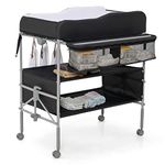 GYMAX Baby Changing Table, Foldable Infant Diaper Changing Station with 4 Lockable Wheels, Storage Basket & Shelves, Height Adjustable Newborn Bath and Changer Unit (Black)