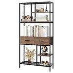 HOCSOK Bookshelf Industrial, 5 Tier Bookcase with Metal Frame and Drawers, Wooden Bookcase Storage Cabinet for Home and Office