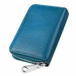 Womens Credit Card Holder Wallet Zip Leather Card Case RFID Blocking Ladies Small Blocked Accordion Wallets with Stainless Steel Zipper Woman Compact Accordian ID Cards Bag Sea Blue