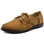 Ollio Women Classic Flat Shoe Lace Up Faux Suede Oxford, Tan, 7 UK