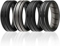 ROQ Silicone Rubber Wedding Ring for Men, Comfort Fit, Men's Wedding & Engagement Band, 8mm Wide 2mm Thick, 2 Thin Lines Beveled Edge Duo, 4 Pack, Black, Dark Gray, Silver, Size 14